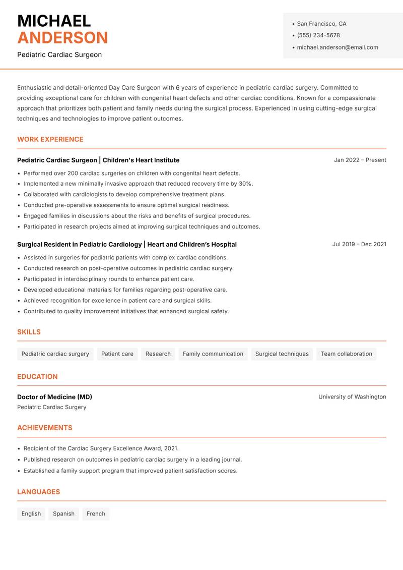 Day Care Surgeon Resume Template