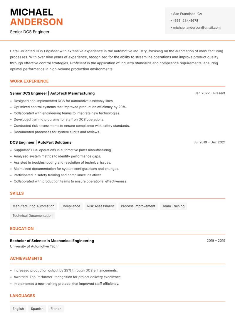 DCS Engineer Resume Template