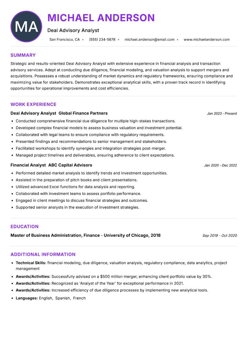 Deal Advisory Analyst Resume Preview Example