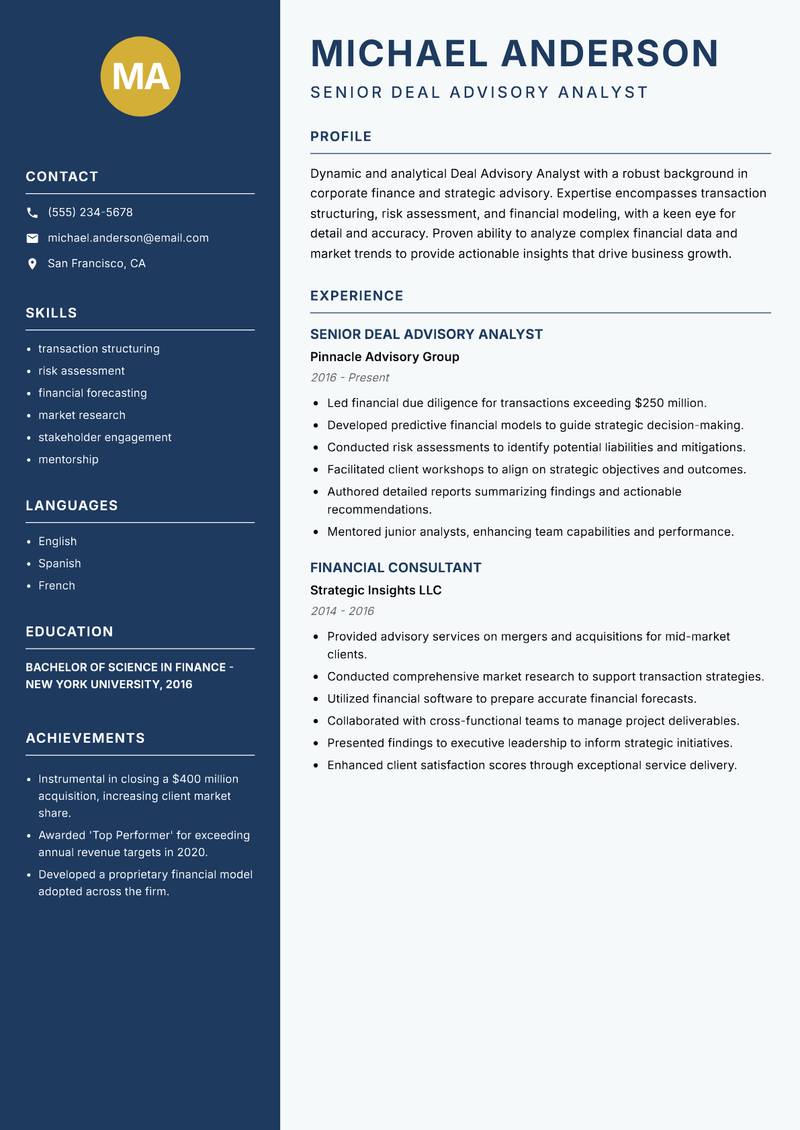 Deal Advisory Analyst Resume Preview Example