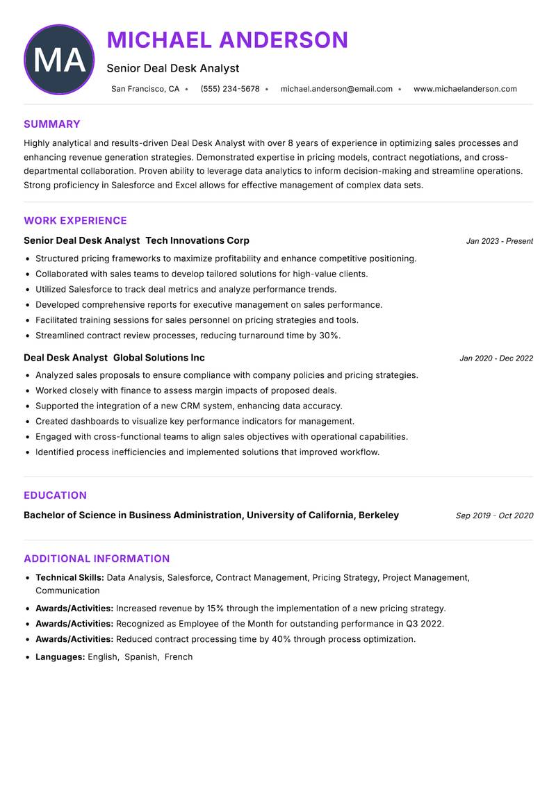 Deal Desk Analyst Resume Preview Example