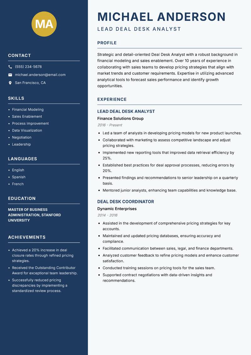 Deal Desk Analyst Resume Preview Example