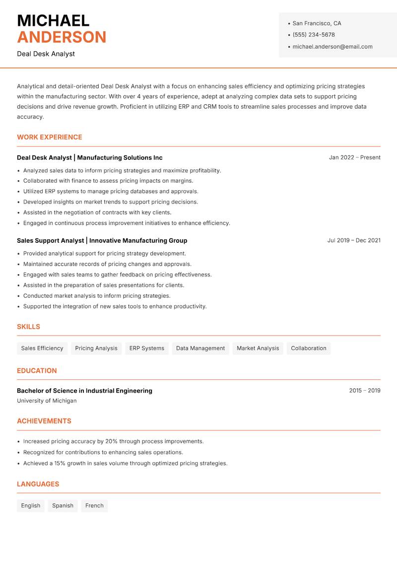 Deal Desk Analyst Resume Template
