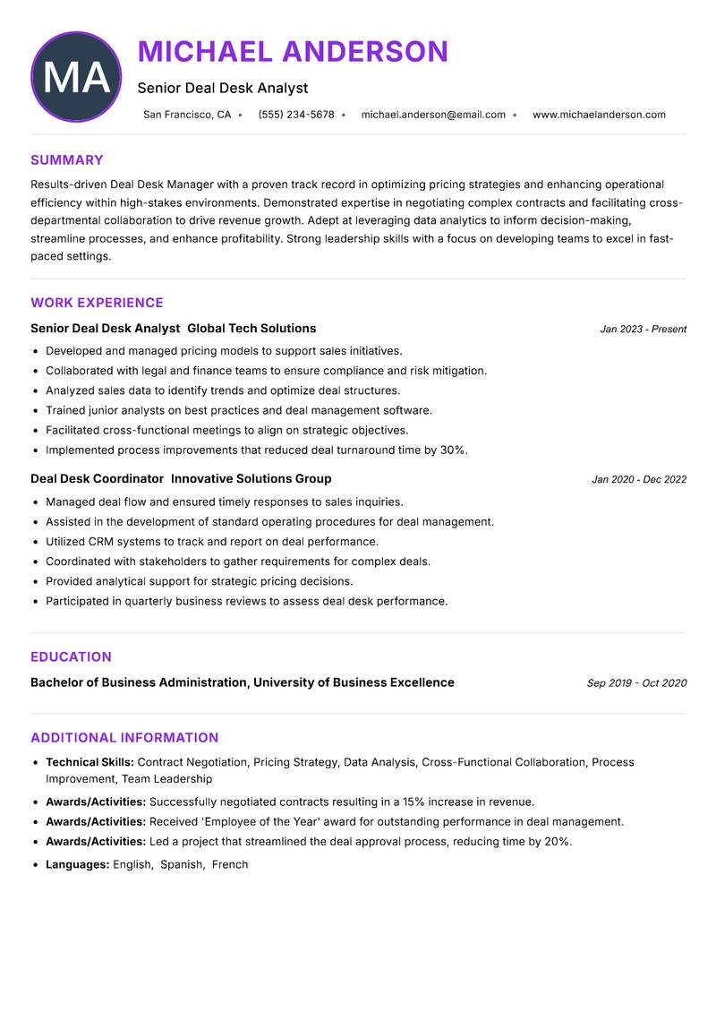 Deal Desk Manager Resume Preview Example