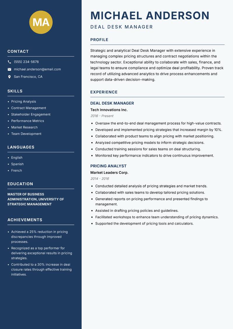 Deal Desk Manager Resume Preview Example