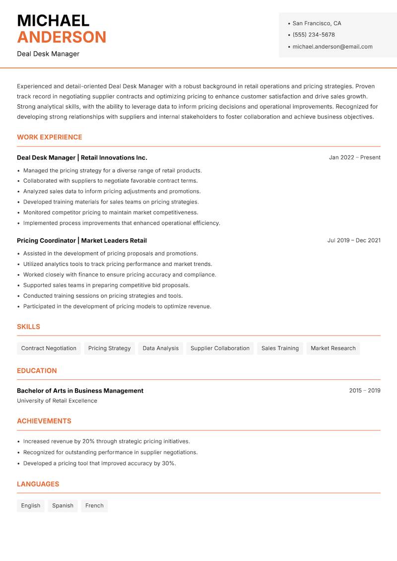 Deal Desk Manager Resume Template