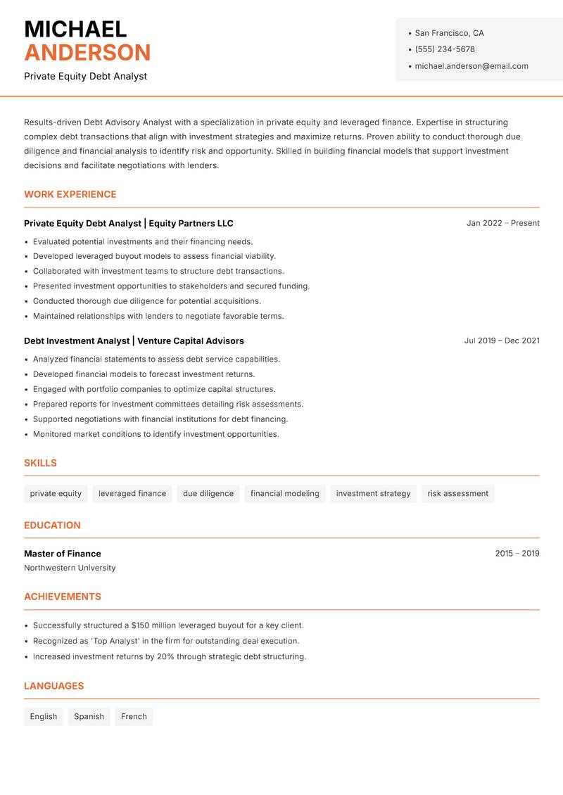 Debt Advisory Analyst Resume Template