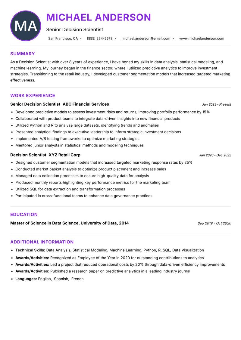 Decision Scientist Resume Preview Example