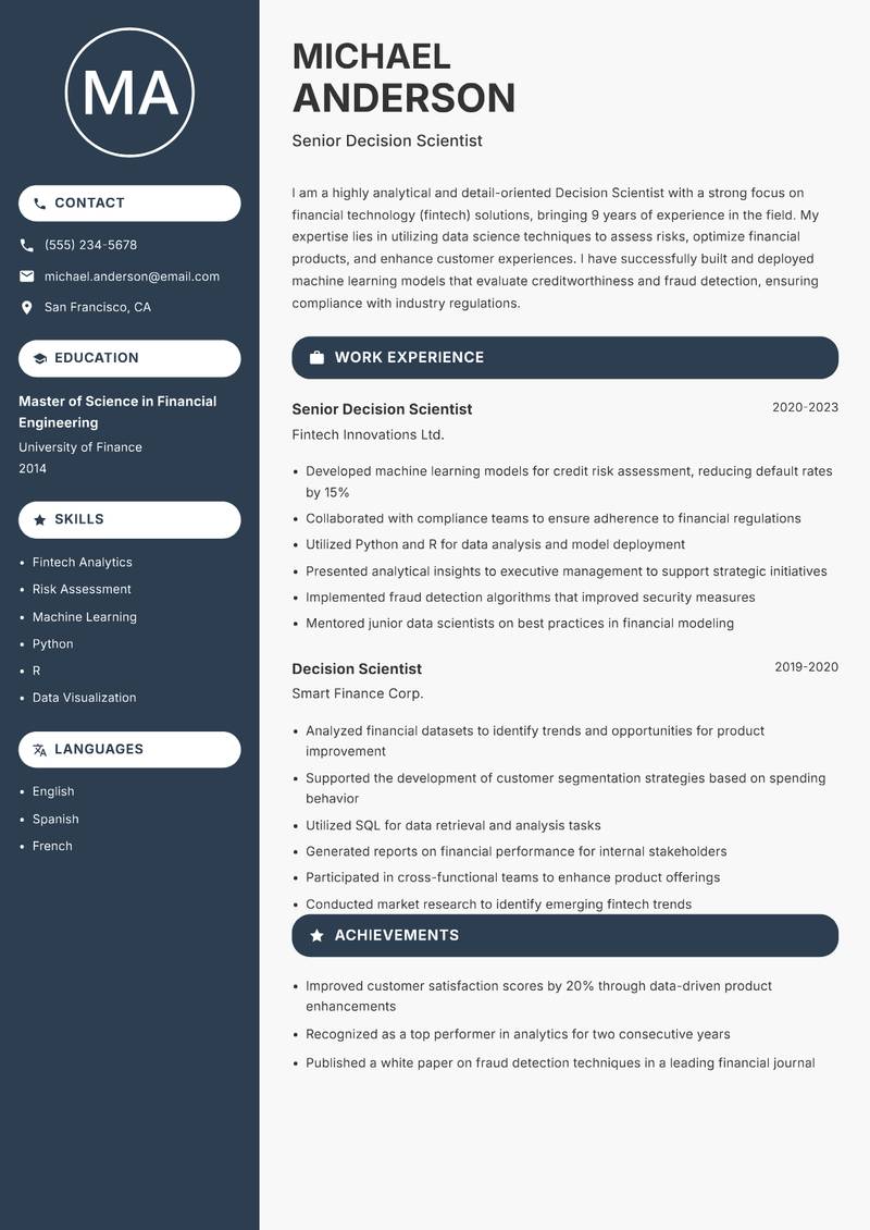 Decision Scientist Resume Preview Example