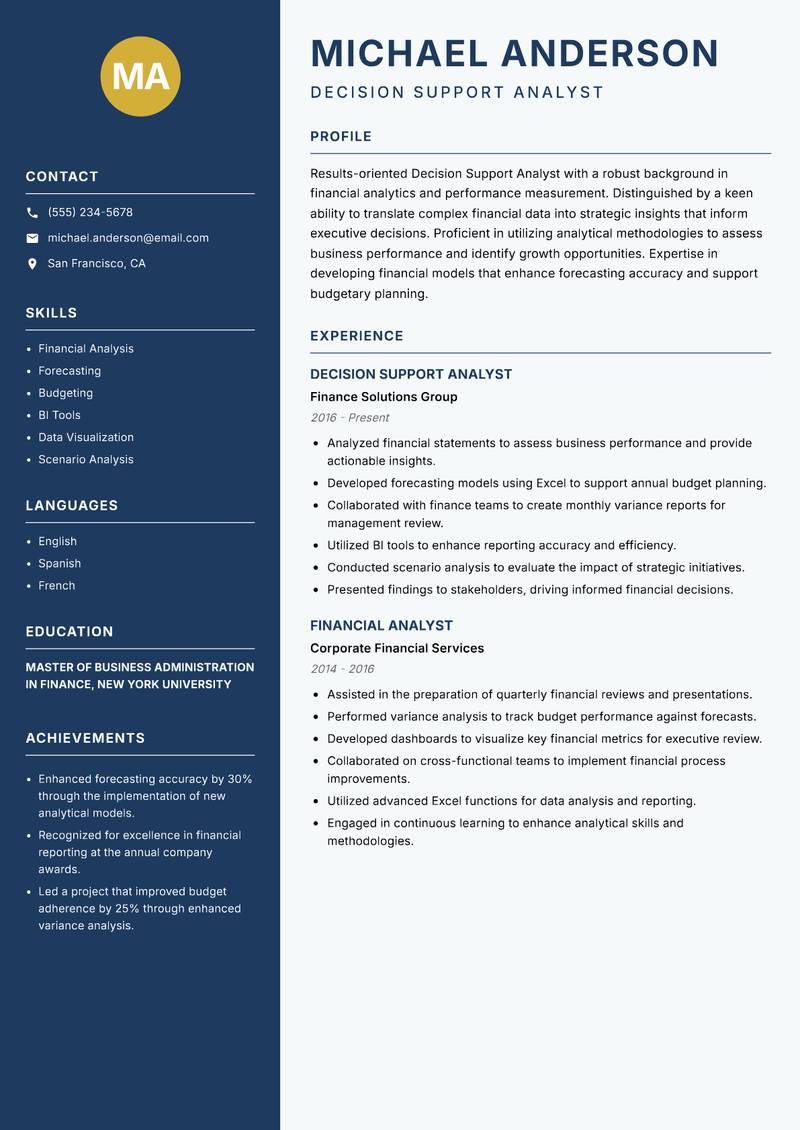 Decision Support Analyst Resume Preview Example