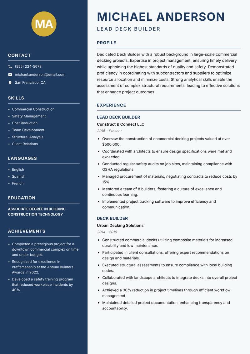 Deck Builder Resume Preview Example