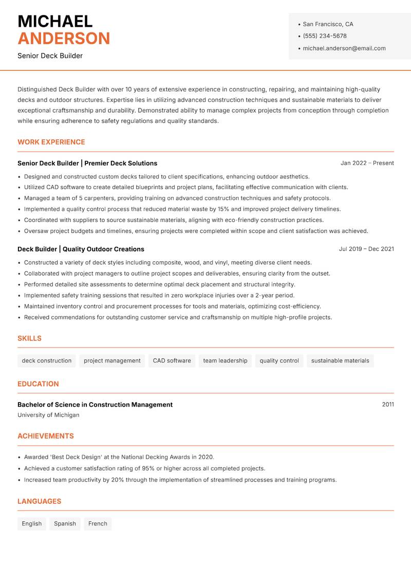 Deck Builder Resume Template