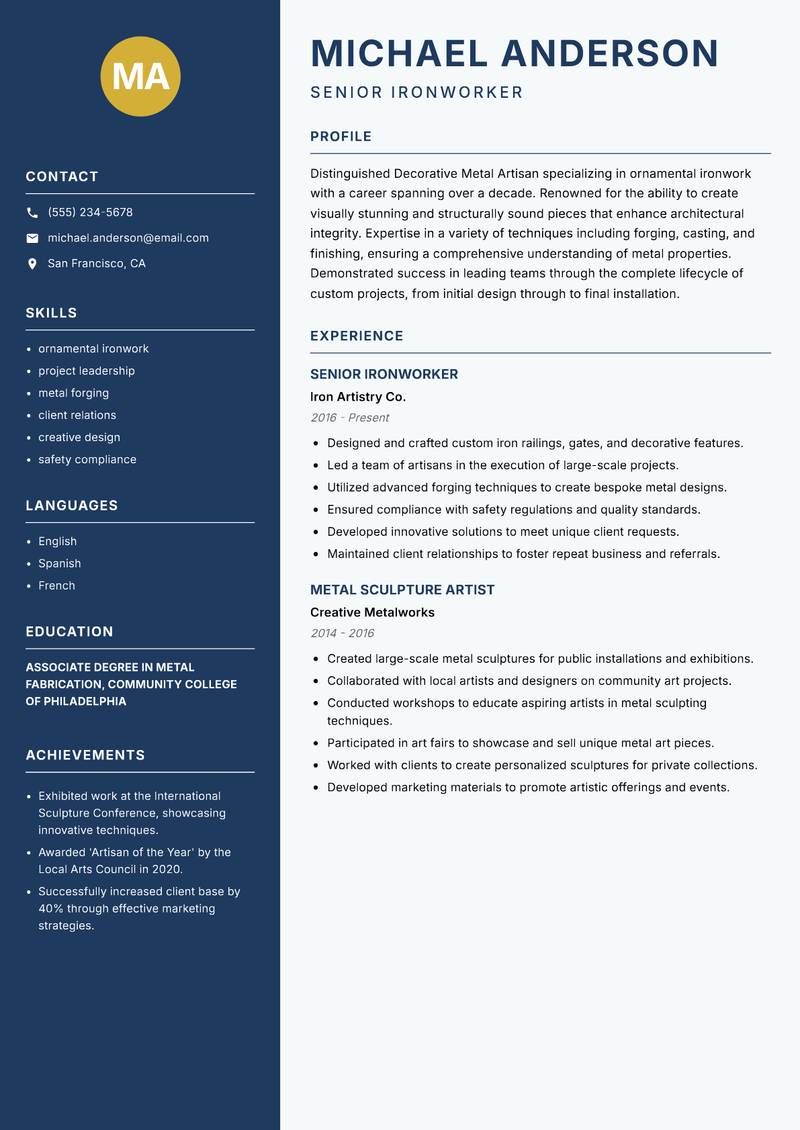 Decorative Metal Artisan Resume Preview Example