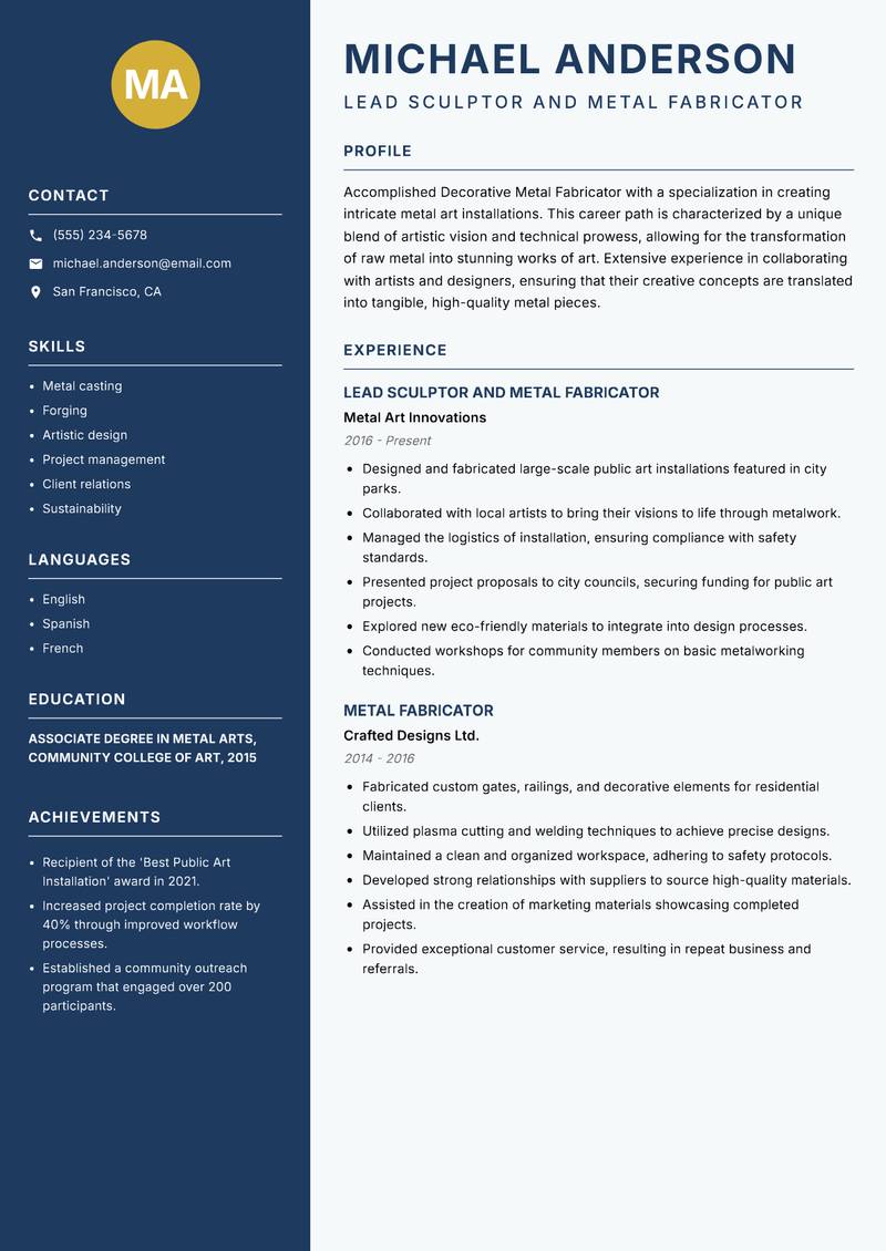 Decorative Metal Fabricator Resume Preview Example
