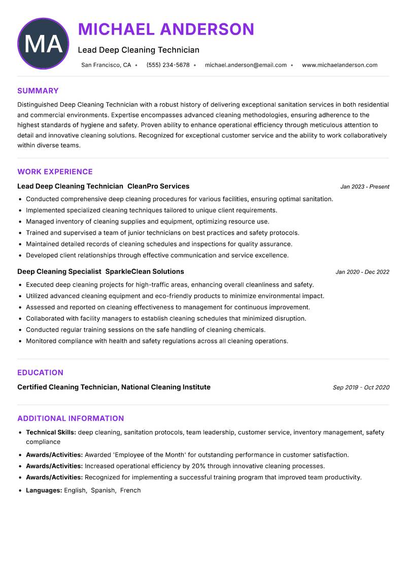 Deep Cleaning Technician Resume Preview Example