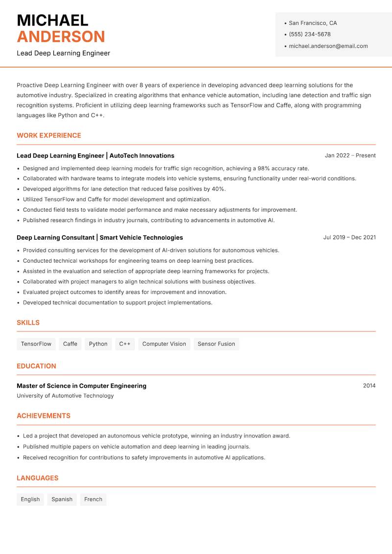 Deep Learning Engineer Resume Template