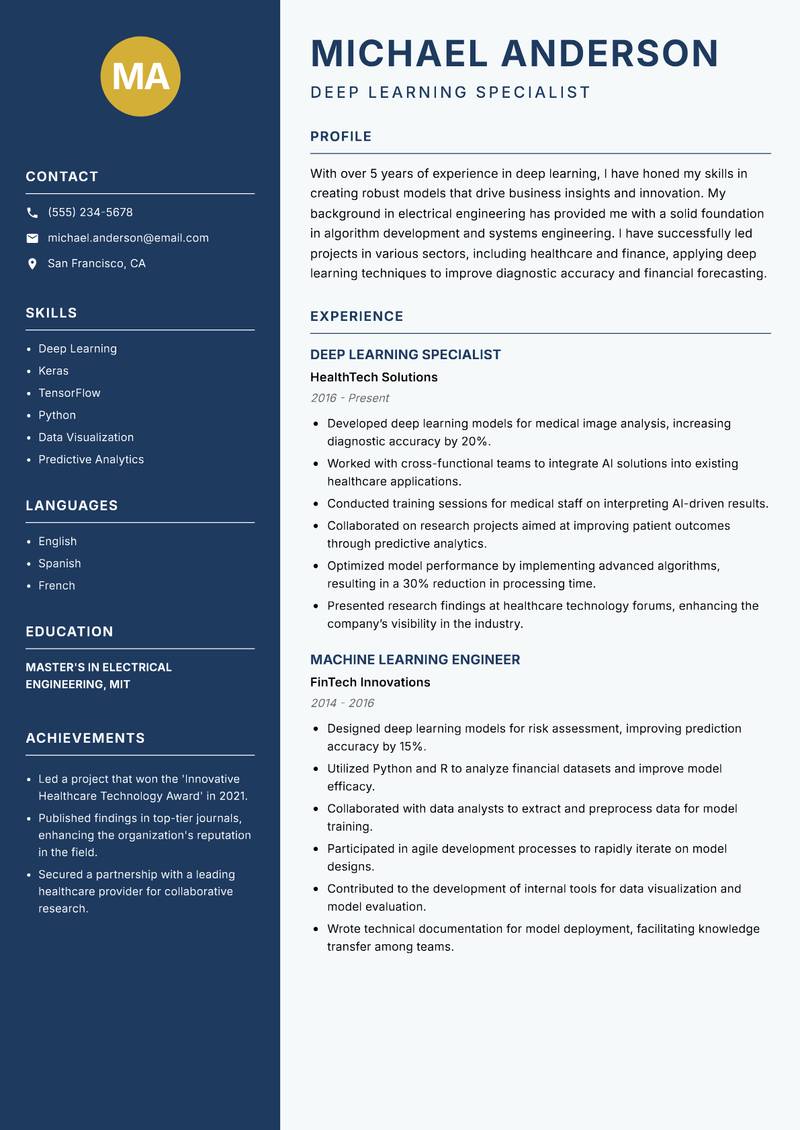 Deep Learning Researcher Resume Preview Example