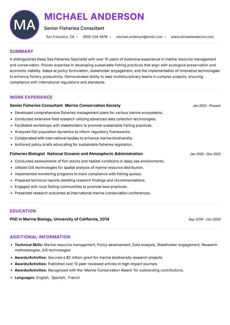 Deep Sea Fisheries Specialist Resume Preview Example