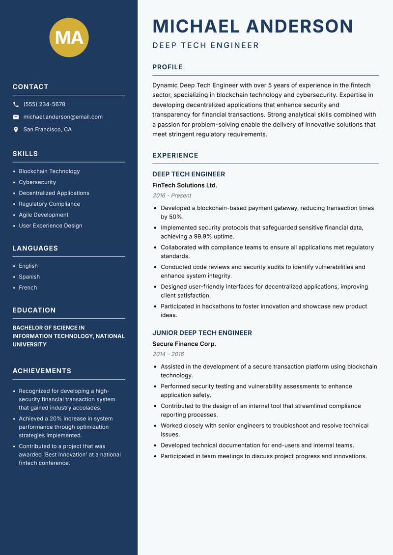 Deep Tech Engineer Resume Preview Example
