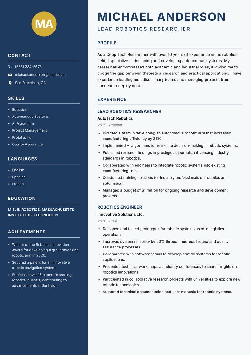 Deep Tech Researcher Resume Preview Example