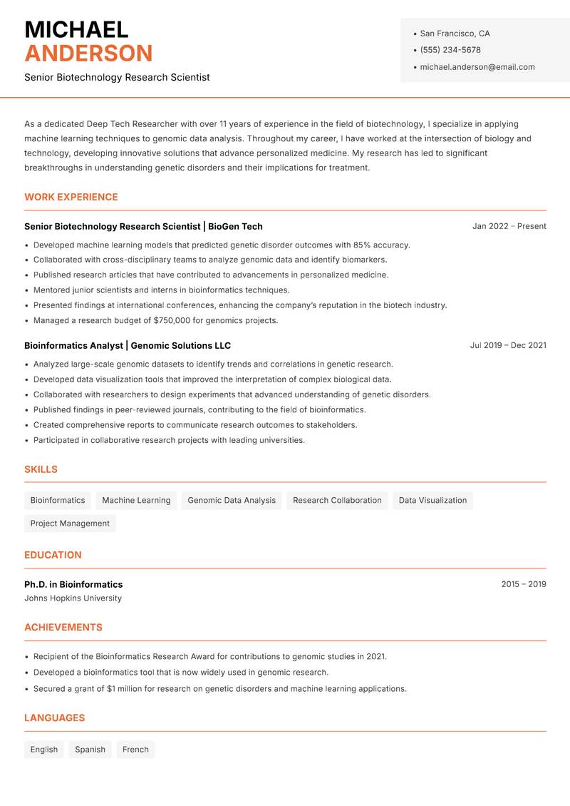 Deep Tech Researcher Resume Template