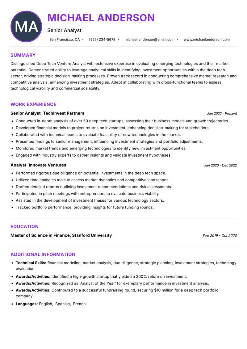 Deep Tech Venture Analyst Resume Preview Example
