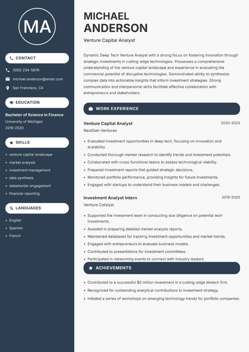 Deep Tech Venture Analyst Resume Preview Example
