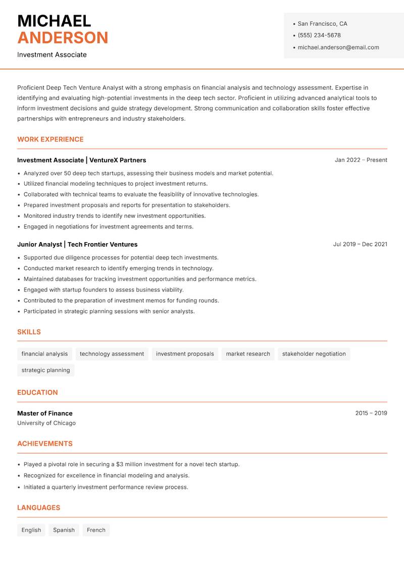 Deep Tech Venture Analyst Resume Template