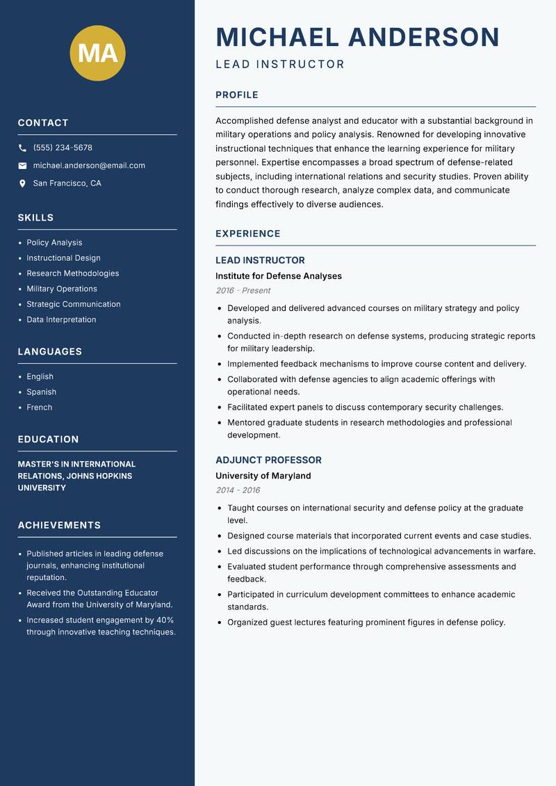 Defense Academy Faculty Resume Preview Example