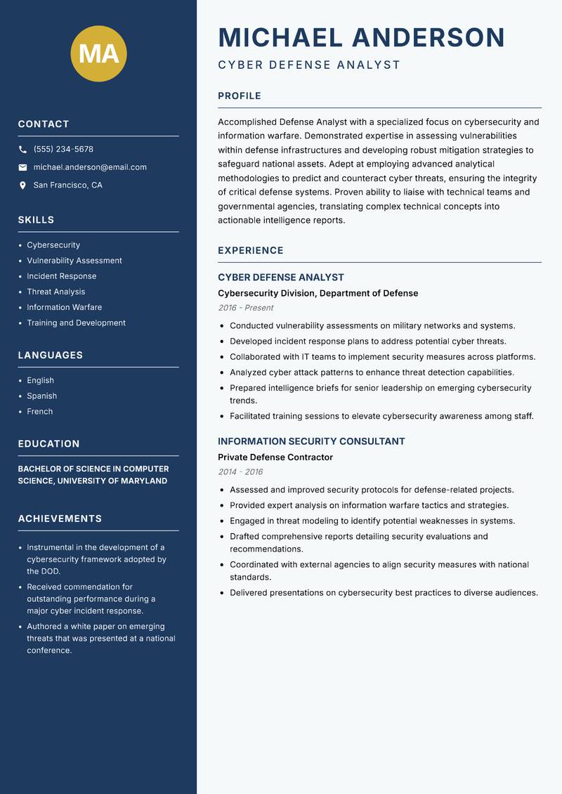 Defense Analyst Resume Preview Example