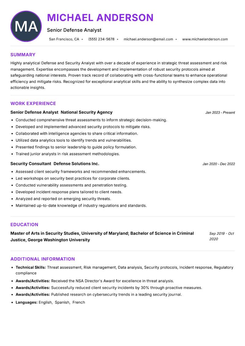 Defense and Security Analyst Resume Preview Example