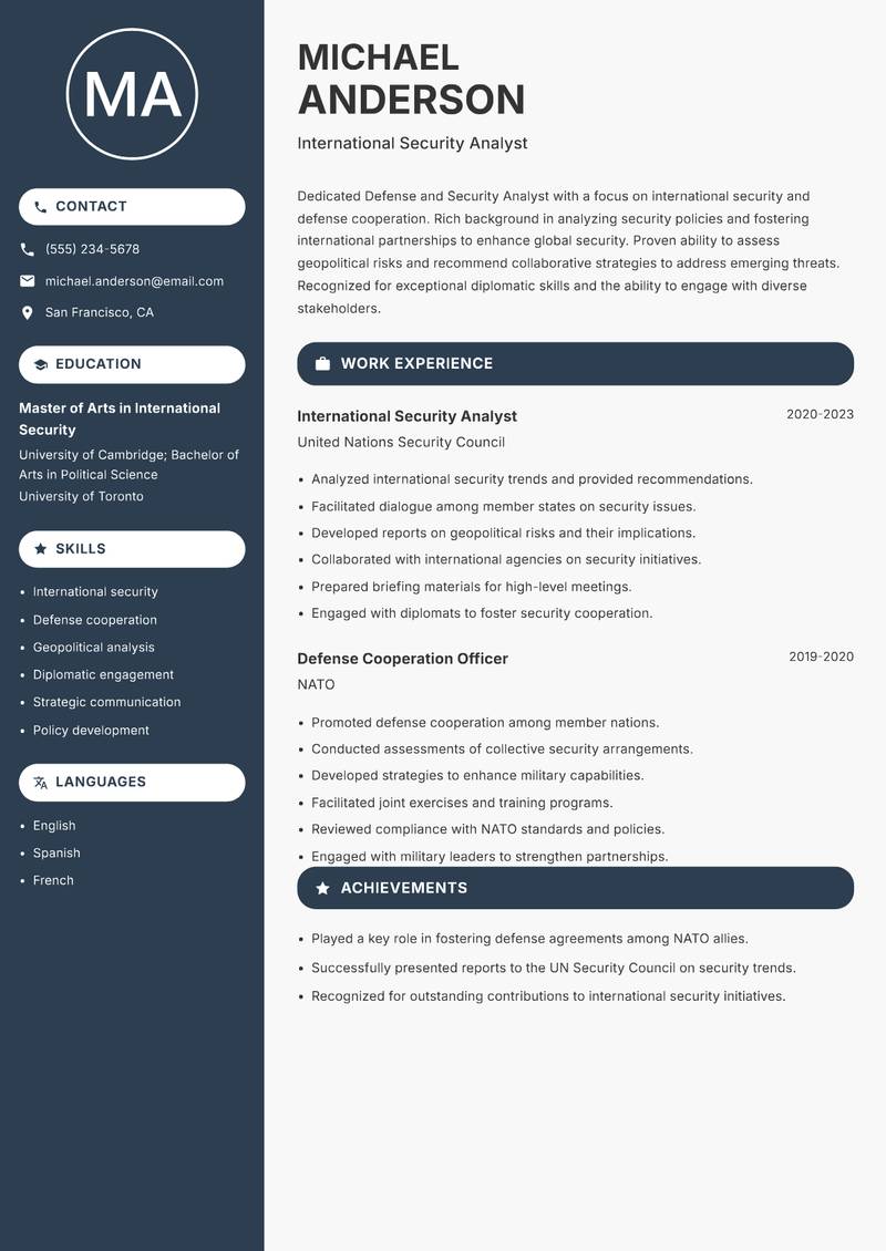 Defense and Security Analyst Resume Preview Example