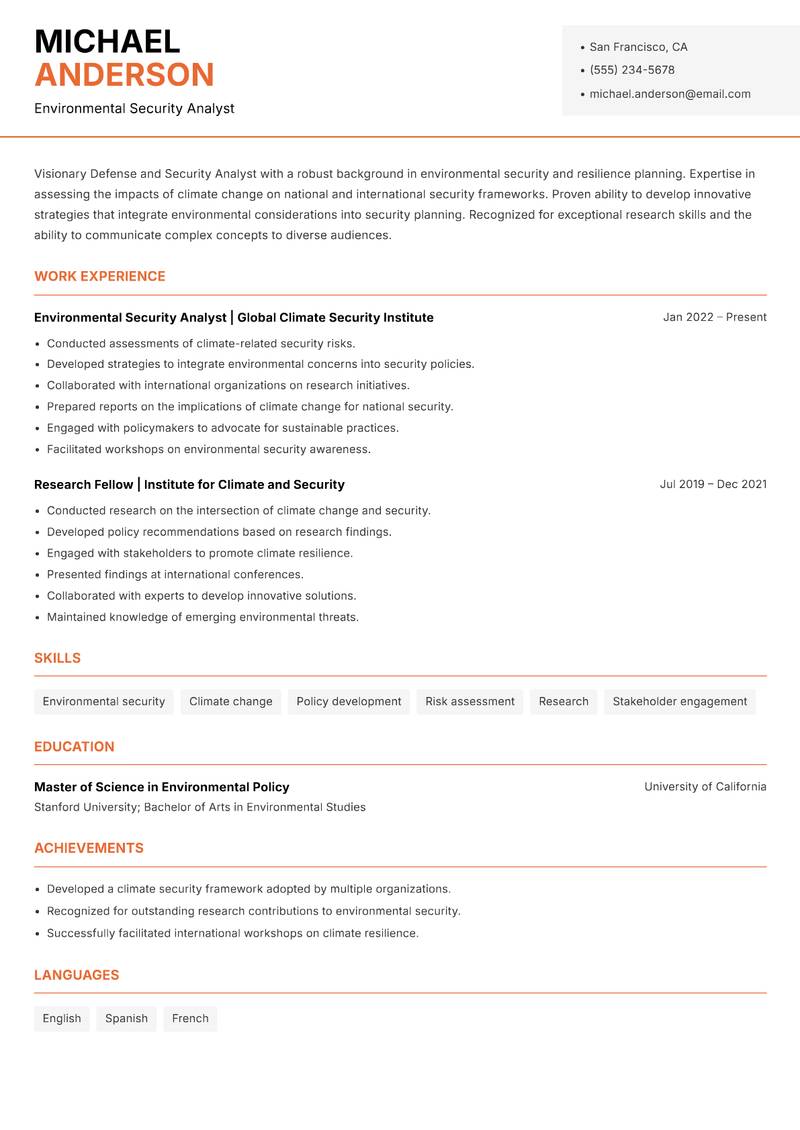 Defense and Security Analyst Resume Template