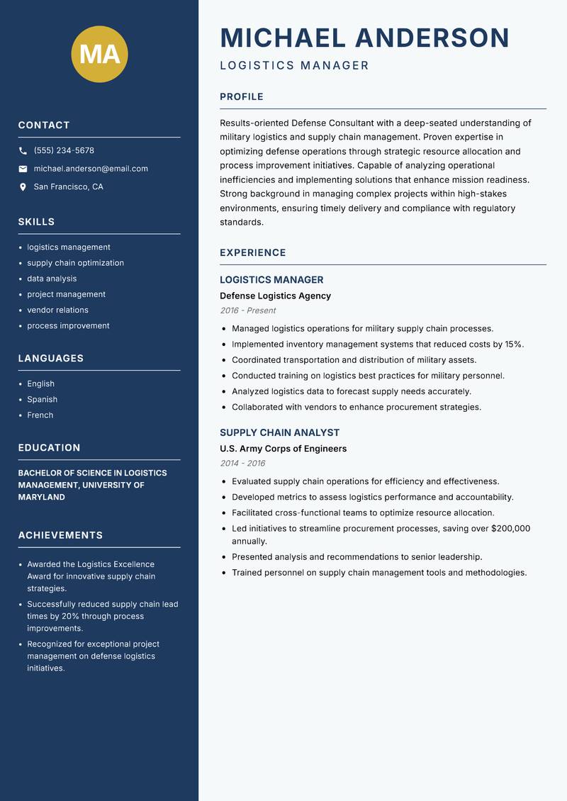Defense Consultant Resume Preview Example