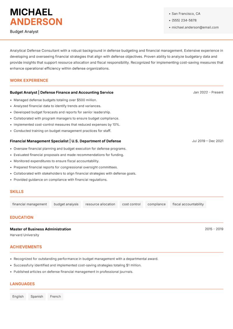 Defense Consultant Resume Template