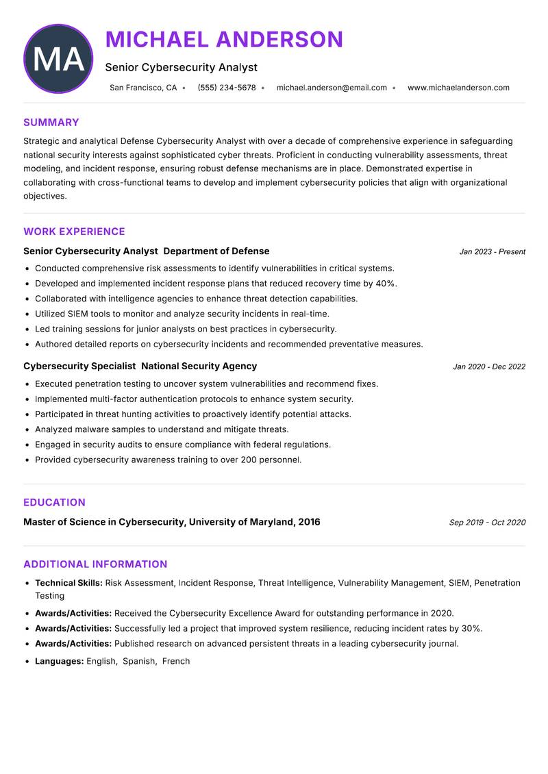 Defense Cybersecurity Analyst Resume Preview Example