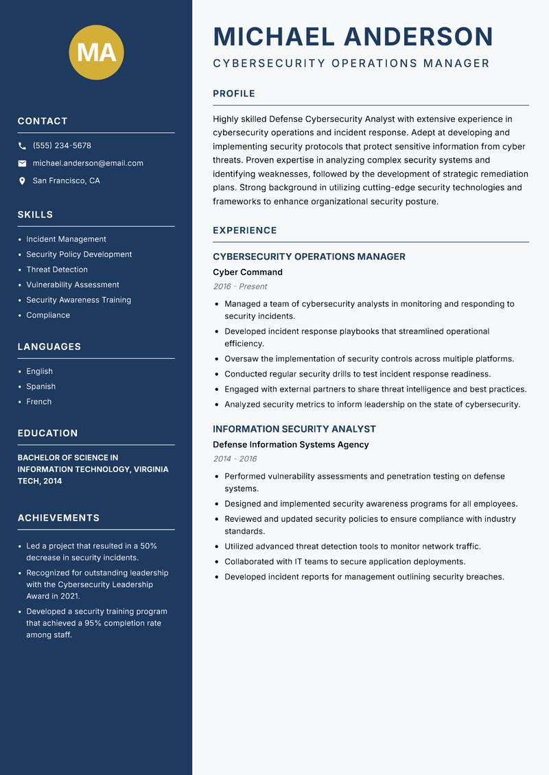 Defense Cybersecurity Analyst Resume Preview Example