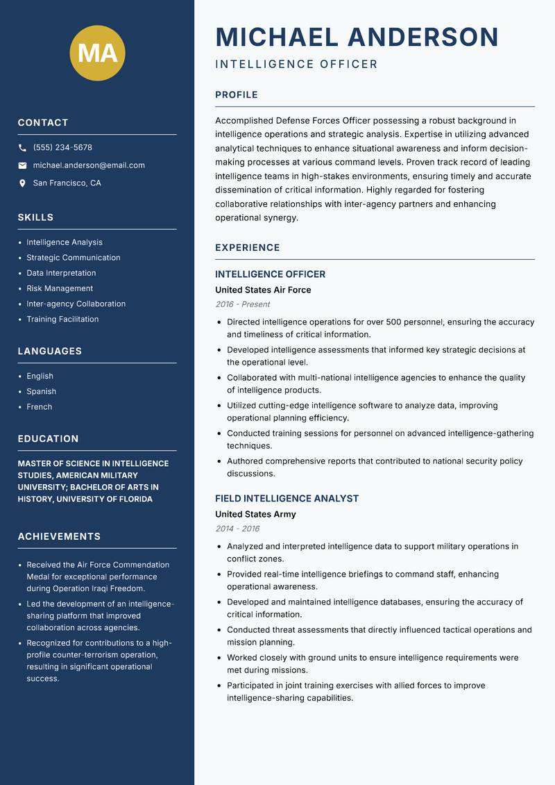 Defense Forces Officer Resume Preview Example