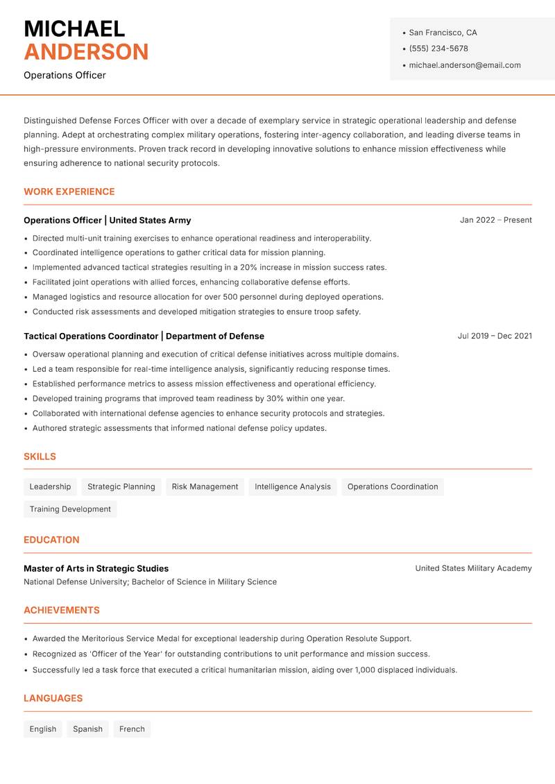 Defense Forces Officer Resume Template