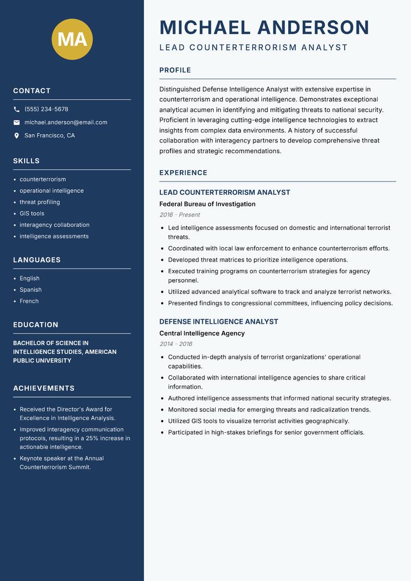 Defense Intelligence Analyst Resume Preview Example