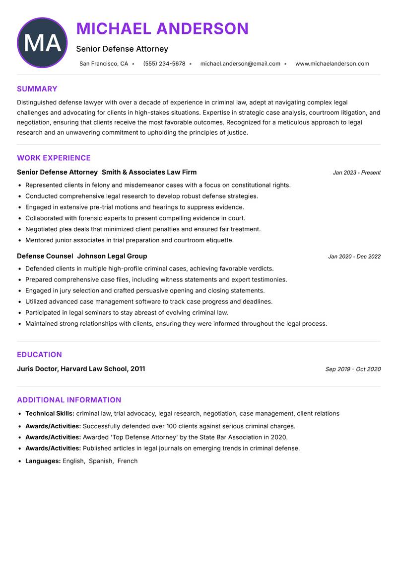 Defense Lawyer Resume Preview Example