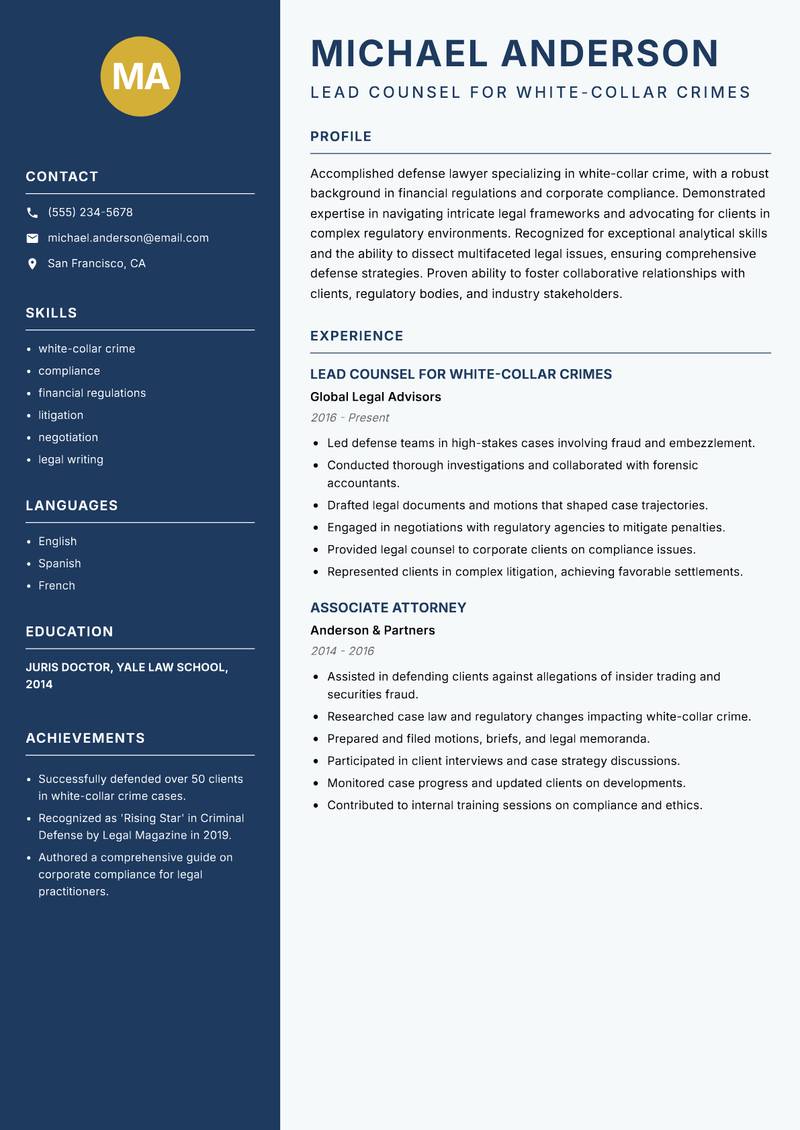 Defense Lawyer Resume Preview Example