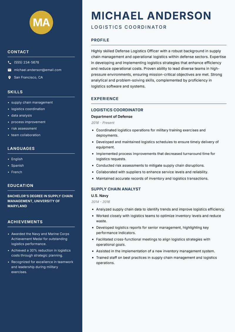 Defense Logistics Officer Resume Preview Example