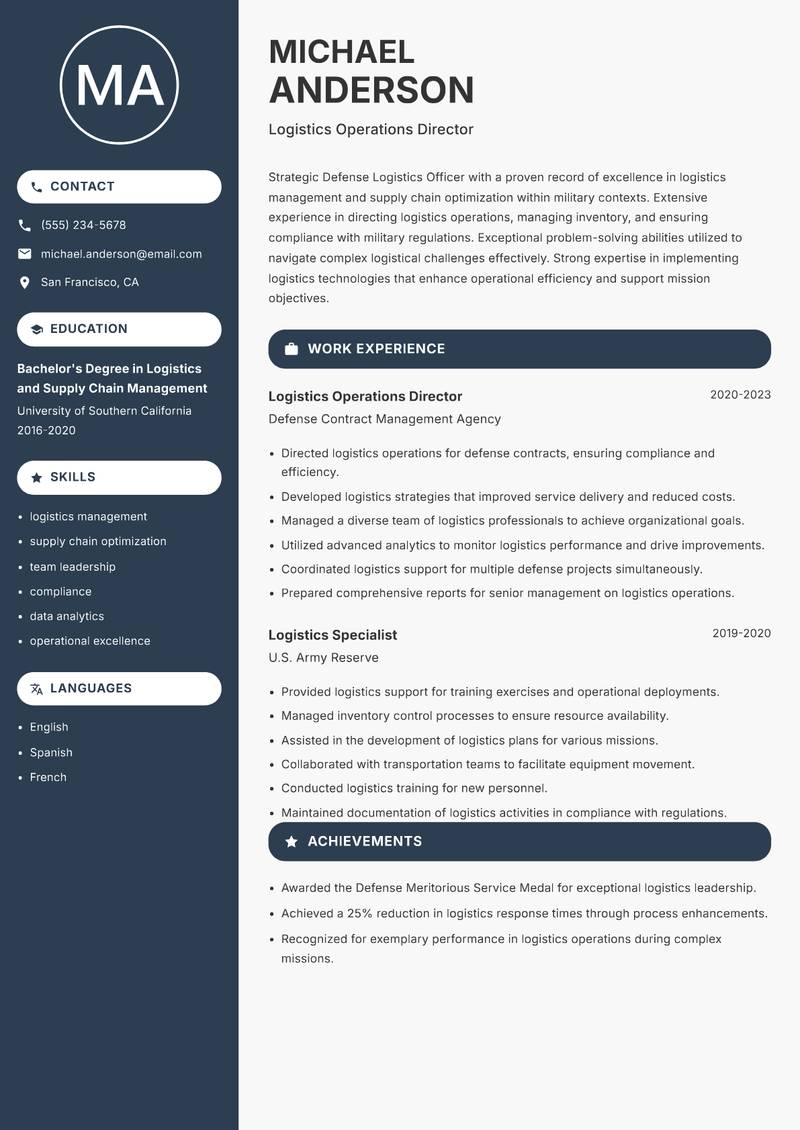 Defense Logistics Officer Resume Preview Example