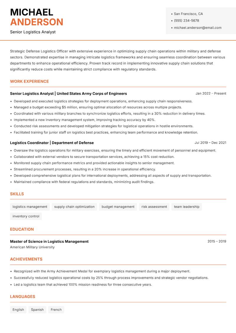 Defense Logistics Officer Resume Template