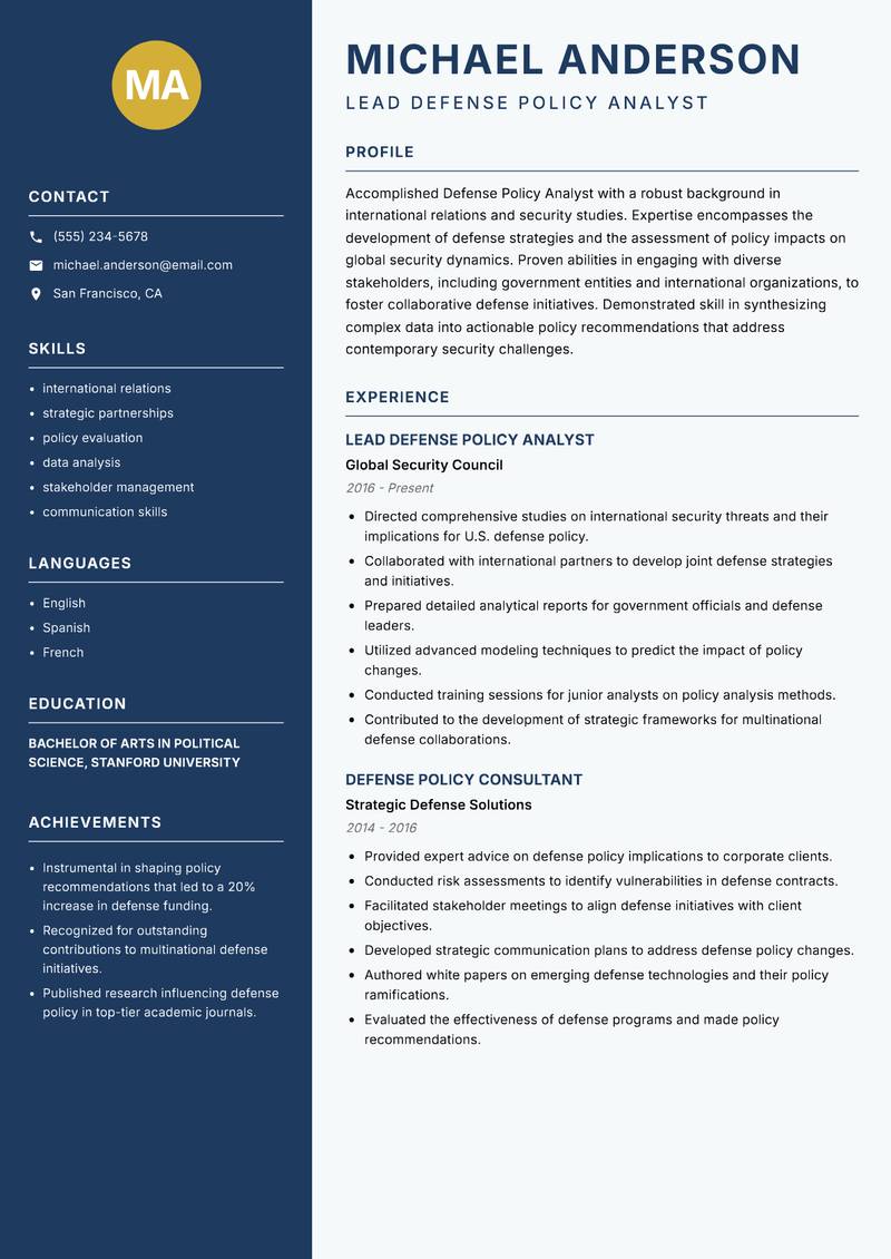 Defense Policy Analyst Resume Preview Example
