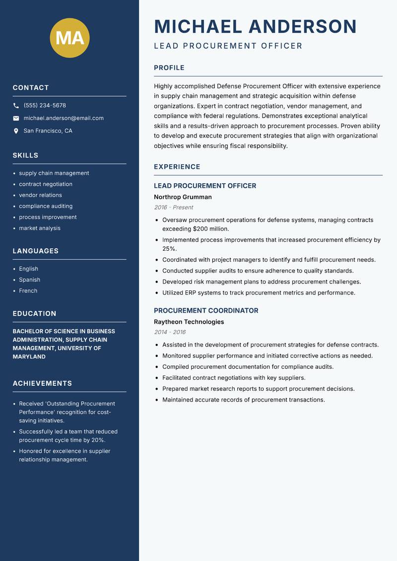 Defense Procurement Officer Resume Preview Example