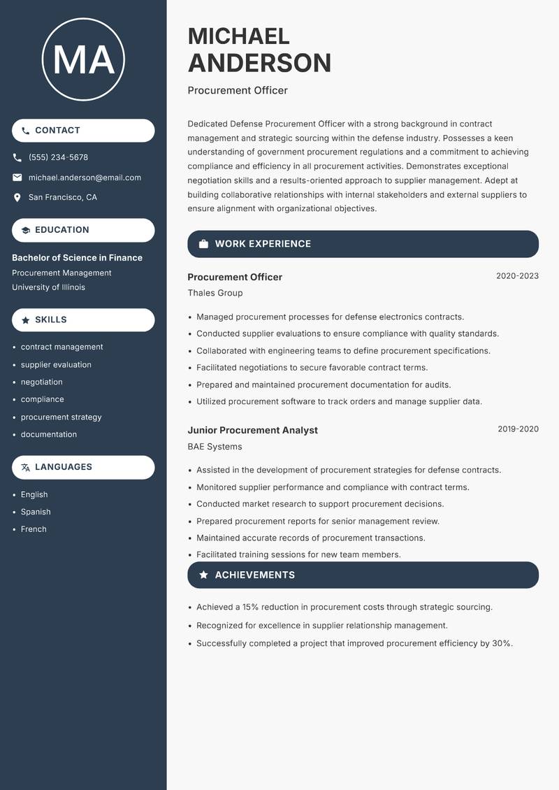 Defense Procurement Officer Resume Preview Example