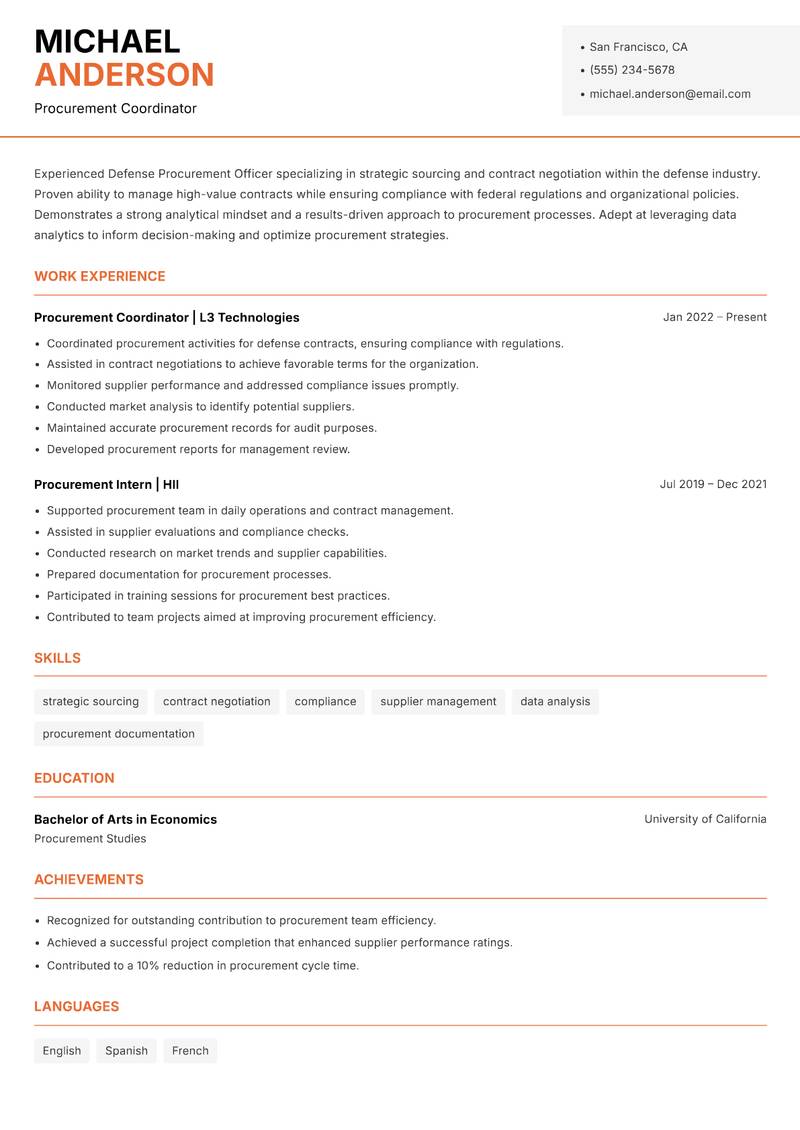 Defense Procurement Officer Resume Template