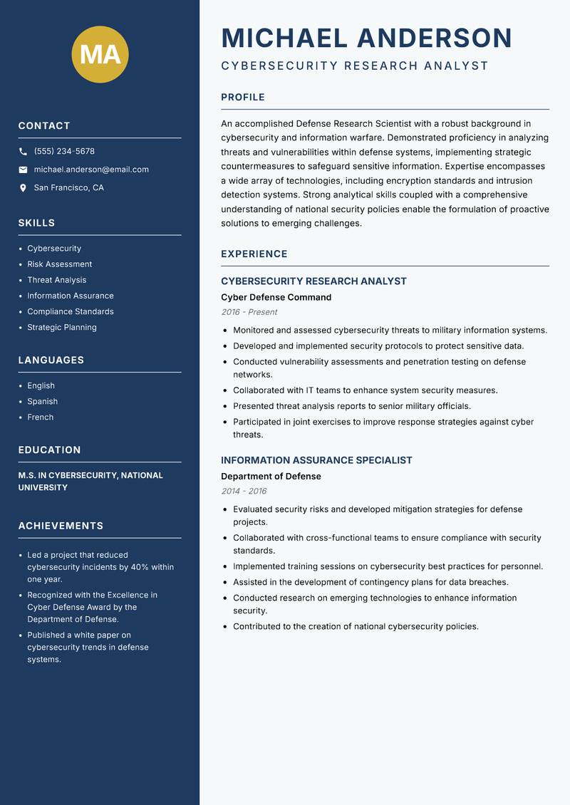 Defense Research Scientist Resume Preview Example